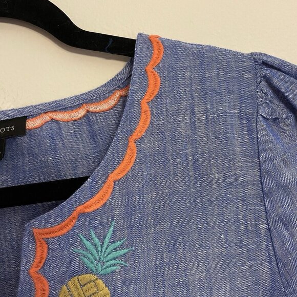 Talbots Women S Blue Linen Cotton Tropical Floral Embroidered Split Neck Top - Picture 8 of 11